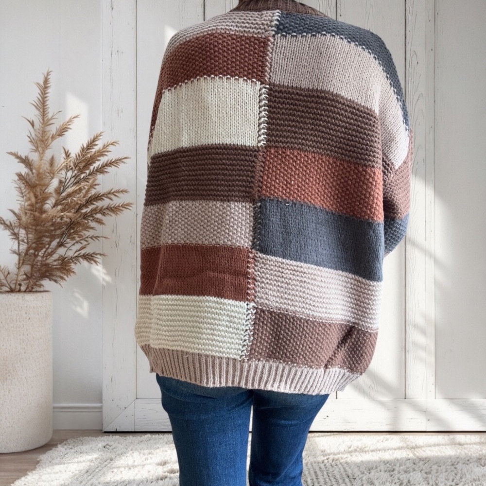 Mocha Brown Combo Checker Block Knit Cardigan Sweater - Picture 3 of 3